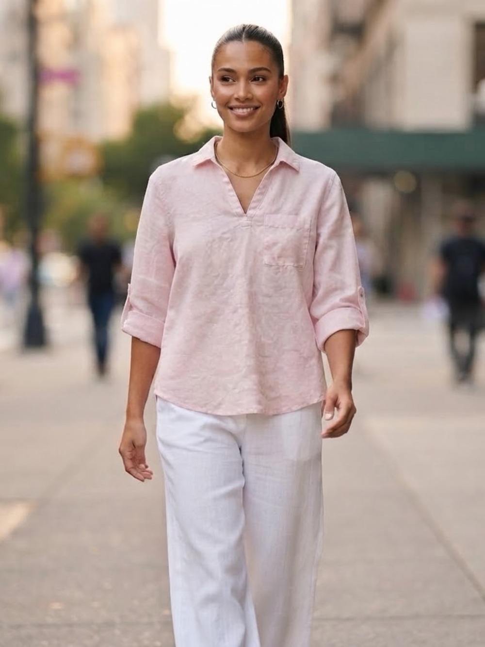Side Stitch Light Pink V-Neck Linen-Blend Tunic